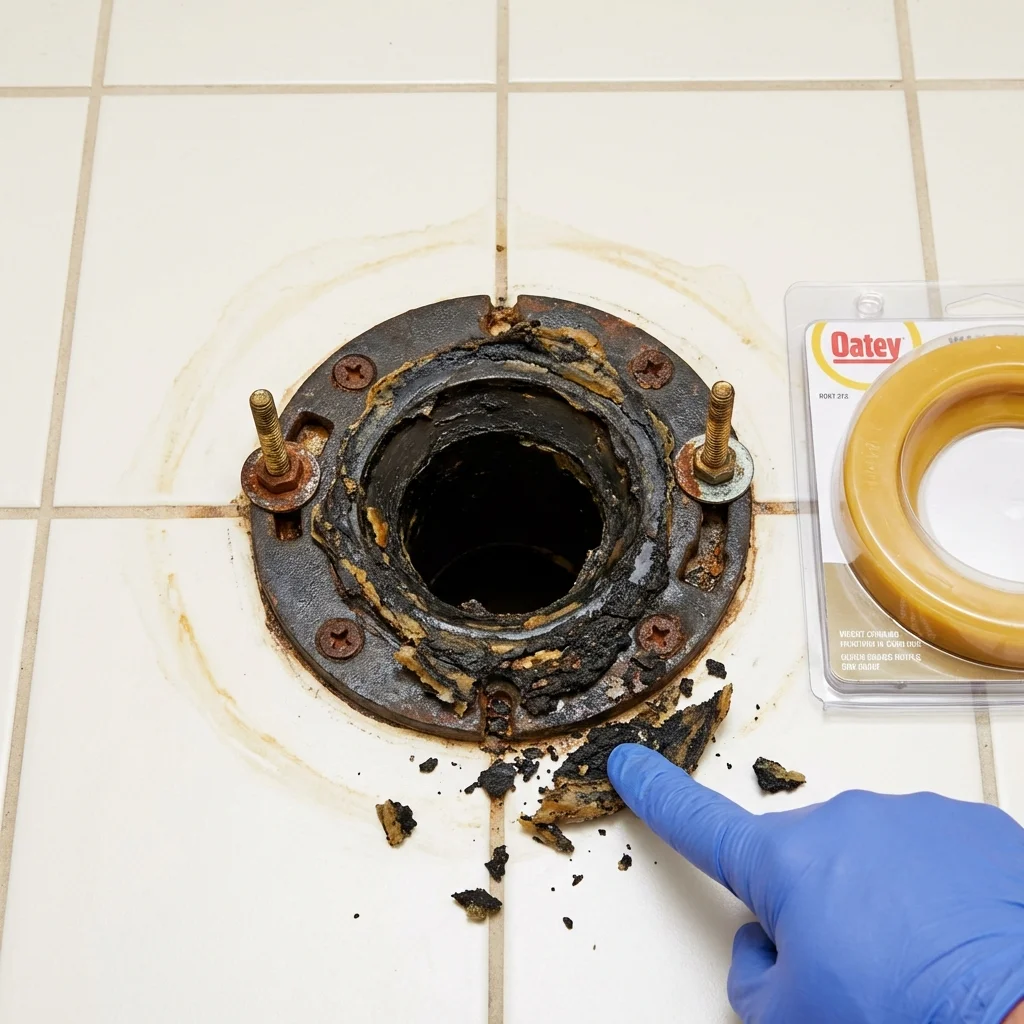 Failed wax ring showing water seepage at the base of a toilet in a Barrington, IL home