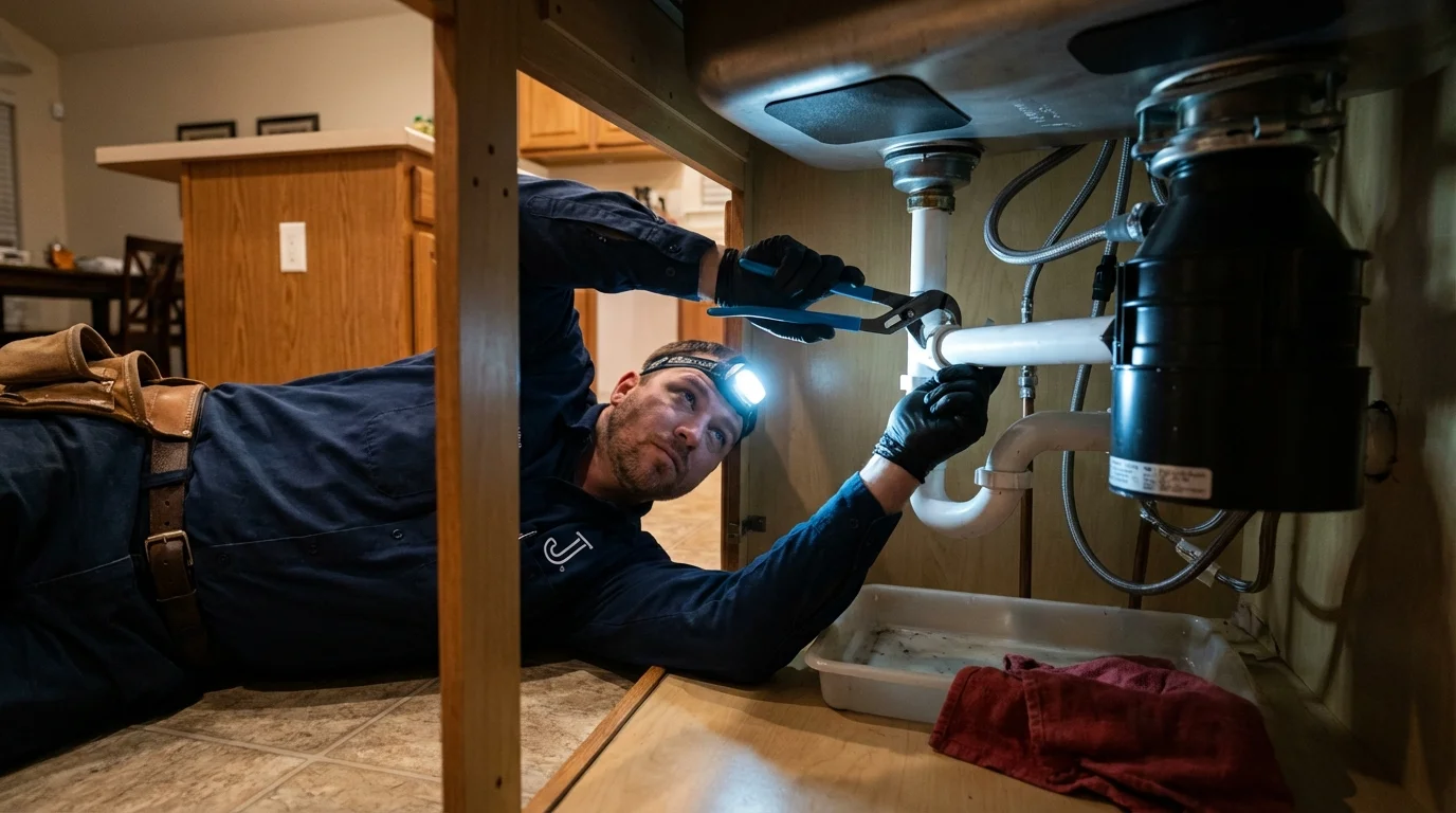 P-trap and supply line connections under a kitchen sink showing a common leak point in Barrington, IL